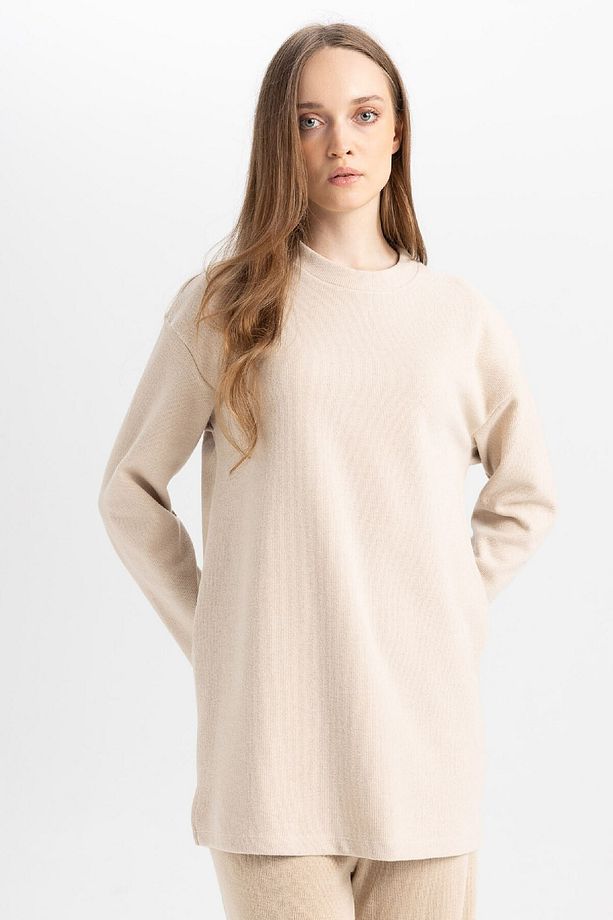 Regular Fit Bisiklet Yaka Selanik Kumaş Uzun Kollu Basic Düz Tişört Tunik B3552ax24au - 1