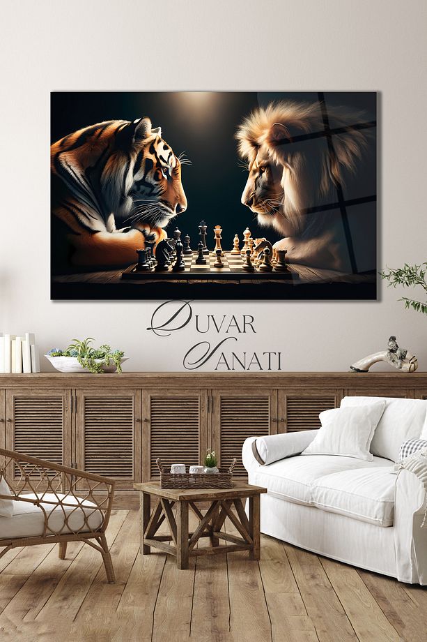 Aslan ve Kaplan Satranç Cam Tablo Modern Ev Ofis Salon Hediyelik Büyük Tablo Duvar Dekoru - 1