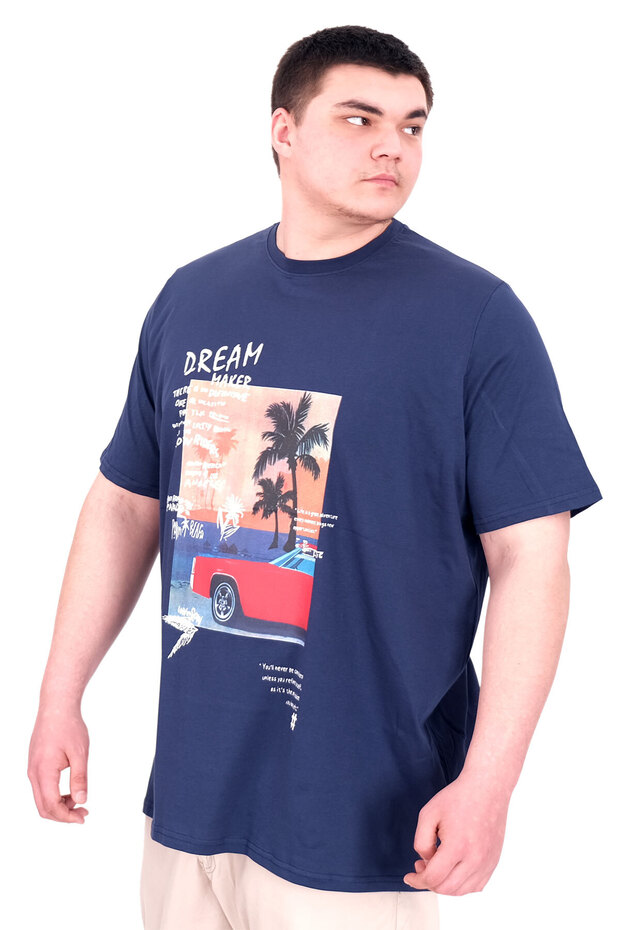 Mode XL Large Size Men's Printed T-Shirt Palm Dream U25026 Indigo