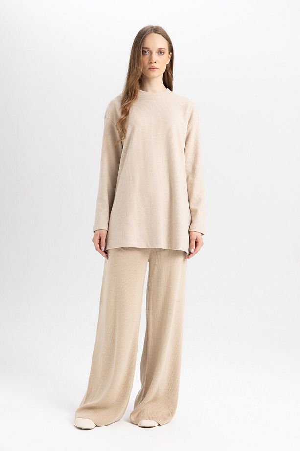 Regular Fit Bisiklet Yaka Selanik Kumaş Uzun Kollu Basic Düz Tişört Tunik B3552ax24au - 2