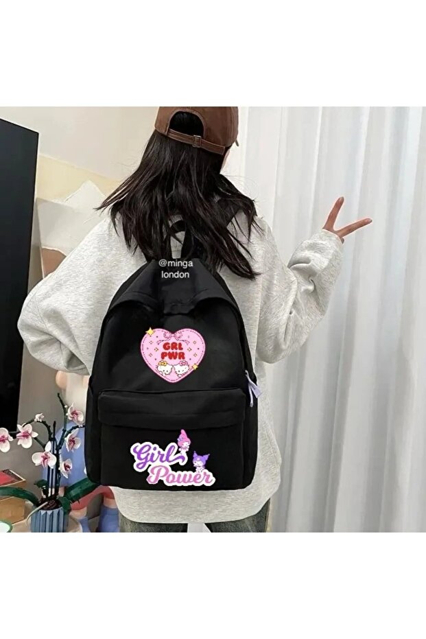 حقيبة ظهر مدرسية مطبوعة مزدوجة من Sanrio Girl Power، وغرفة الدراسة، وجيب أمامي للدورة