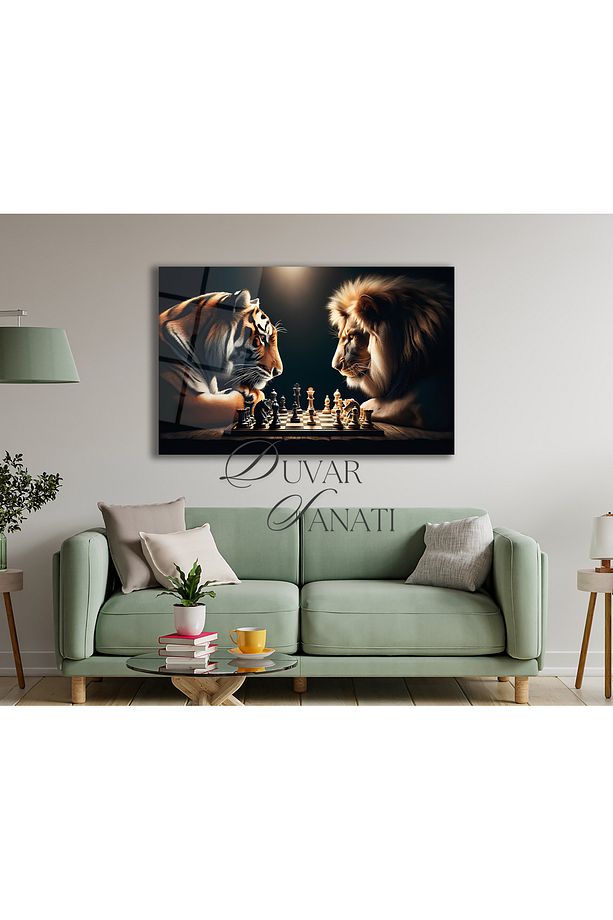 Aslan ve Kaplan Satranç Cam Tablo Modern Ev Ofis Salon Hediyelik Büyük Tablo Duvar Dekoru - 2