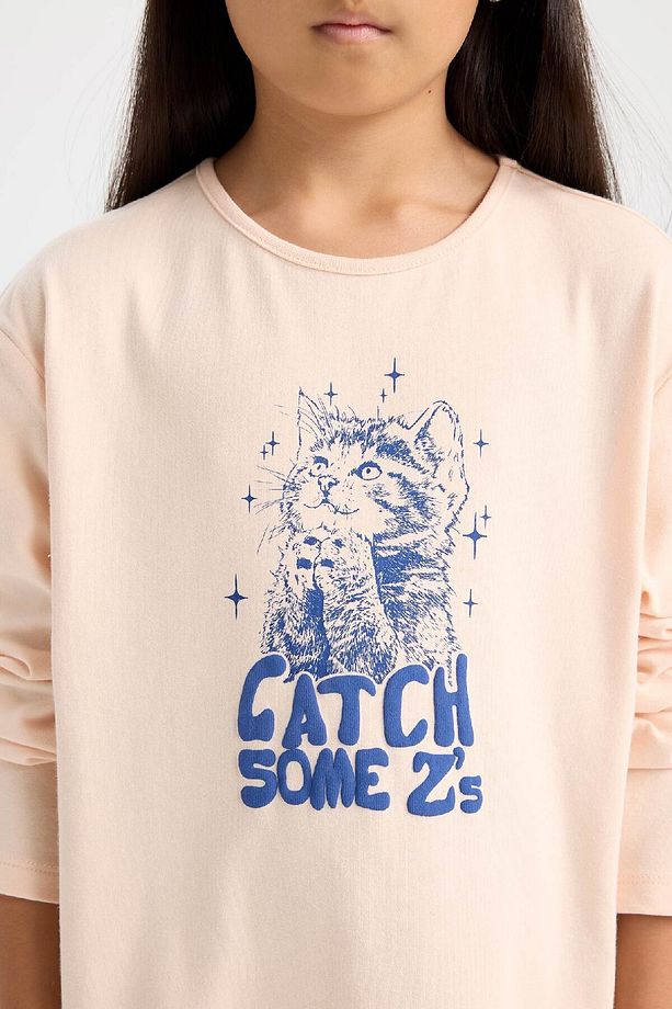 Kız Çocuk Pijama Takımı Baskılı Uzun Kollu Üst Beli Lastikli Uzun Alt D7743A824WN - 4