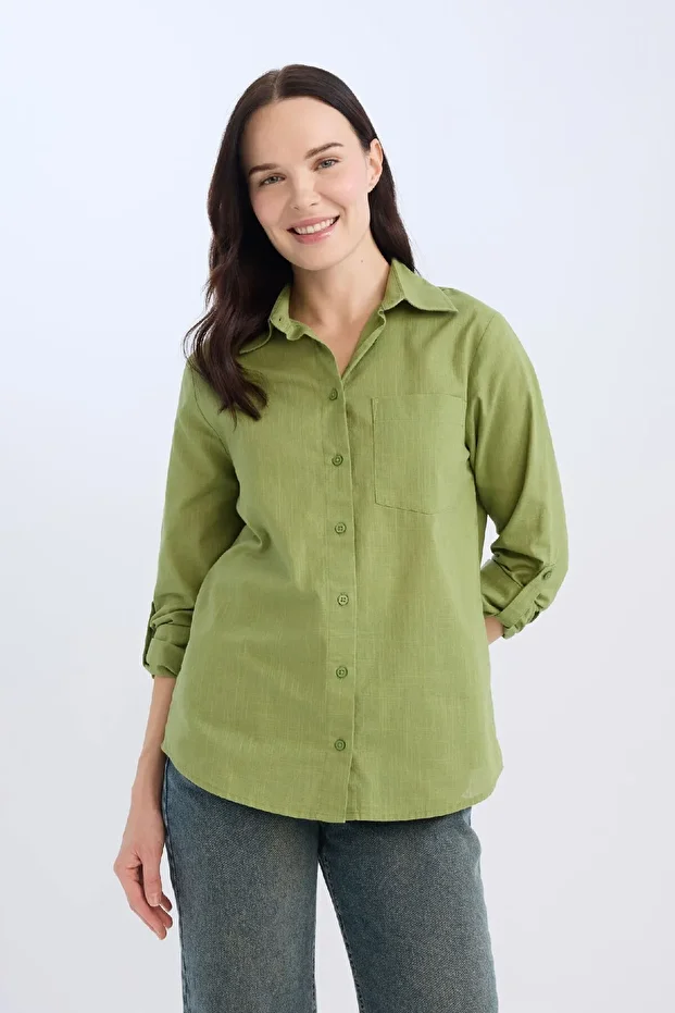 Regular Fit Basic Düz Cepli Uzun Kollu Gömlek W7734AZ25SP - 1