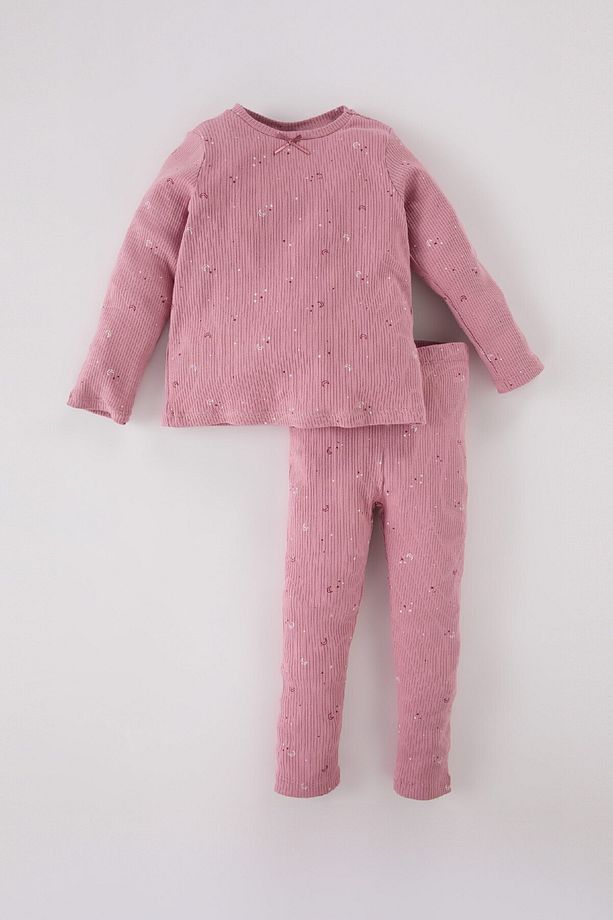 Kız Bebek Pijama Takımı Yıldız Desenli Fitilli Kaşkorse Bisiklet Yaka Uzun Kollu Üst Uzun Alt D7173a - 1