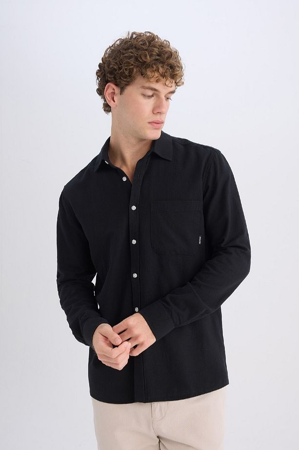 %100 Pamuk Regular Fit Basic Düz Uzun Kollu Siyah Gömlek D7079ax25sp - 4