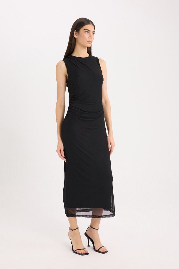 Bodycon Vücudu Saran Yuvarlak Yaka Basic Düz Tül Kolsuz Midi Abiye Elbise D8036ax25sp - 3