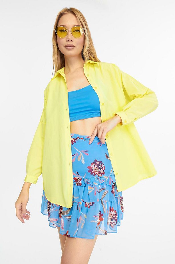 Kadın Oversize Uzun Basic Gömlek - SARI - 6