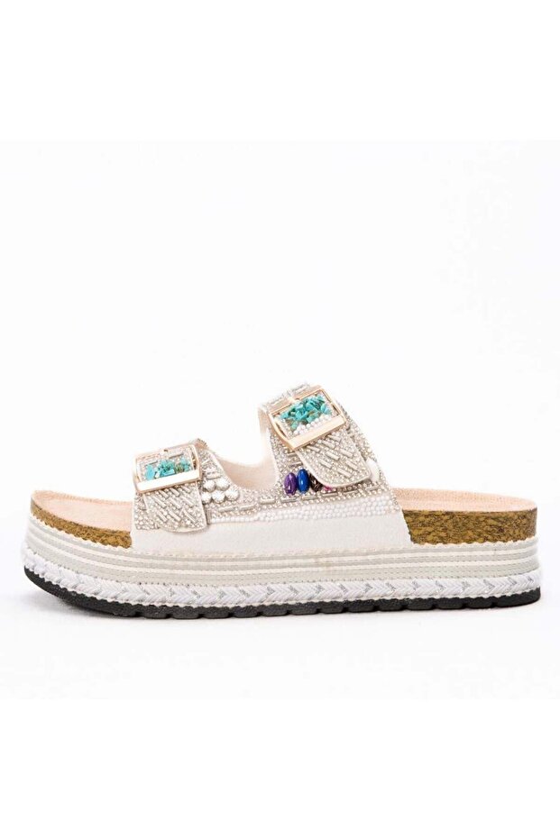 25Y103 Women's Thick Sole Straw Stone Double Buckle Slippers