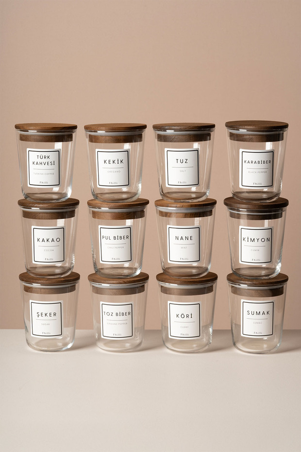 Motto - Set of 12 Tulip Tree Vacuum Lid Glass Storage Containers with Labels and Gift Spice Rack Set 315 ml