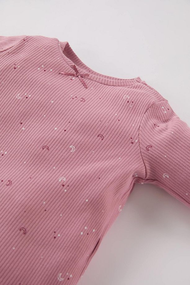 Kız Bebek Pijama Takımı Yıldız Desenli Fitilli Kaşkorse Bisiklet Yaka Uzun Kollu Üst Uzun Alt D7173a - 3