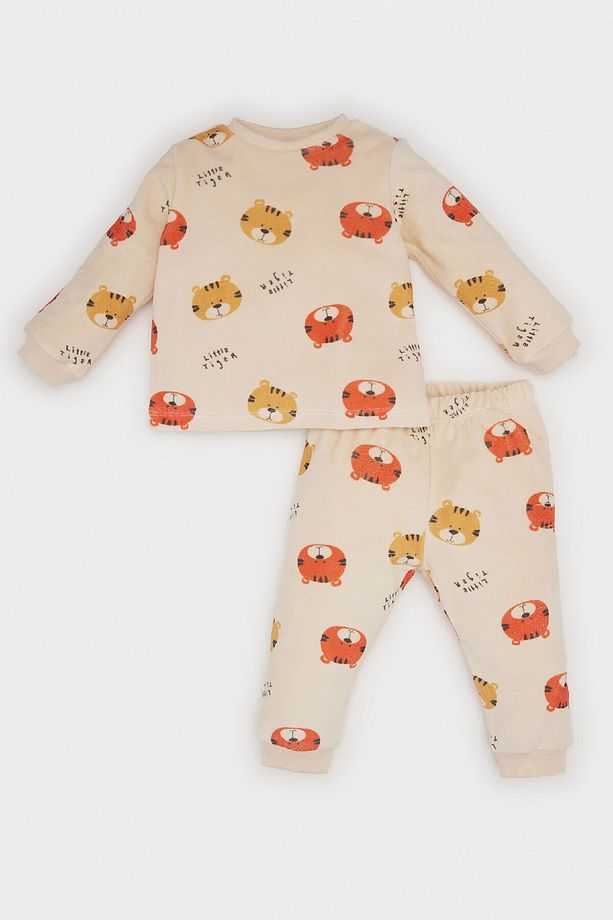 Erkek Bebek Pijama Takımı Bisiklet Yaka Desenli Kadife Uzun Kollu Üst Uzun Alt D7146A524WN - 1