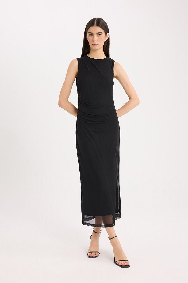 Bodycon Vücudu Saran Yuvarlak Yaka Basic Düz Tül Kolsuz Midi Abiye Elbise D8036ax25sp - 1