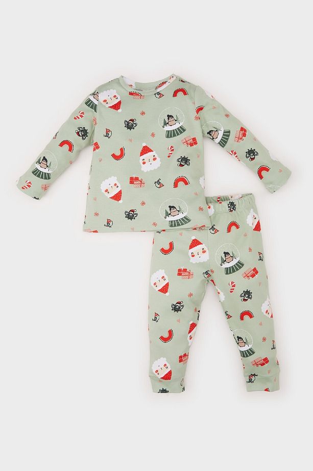 Kız Bebek Yılbaşı Temalı Pijama Takımı Bisiklet Yaka Uzun Kollu Üst Beli Lastikli Alt D7160a524wn - 1