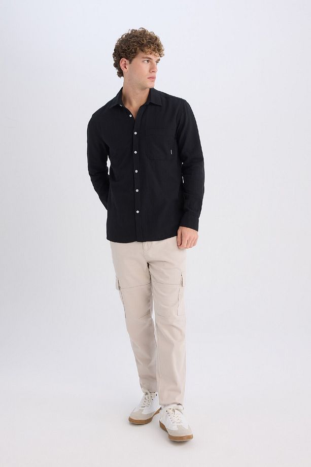 %100 Pamuk Regular Fit Basic Düz Uzun Kollu Siyah Gömlek D7079ax25sp - 2