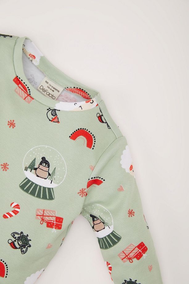 Kız Bebek Yılbaşı Temalı Pijama Takımı Bisiklet Yaka Uzun Kollu Üst Beli Lastikli Alt D7160a524wn - 3