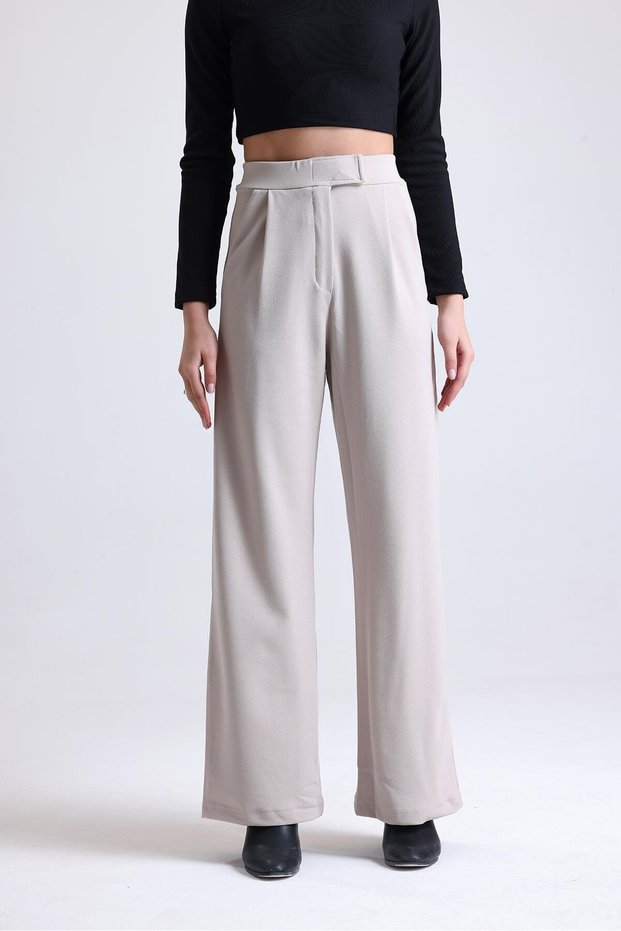 Women's Wide Leg Lycra Velcro Closure Elastic Palazzo Trousers – Light Beige