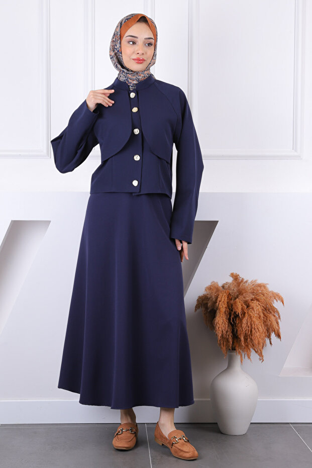 Navy Blue Front Buttoned Jacket Skirt Suit