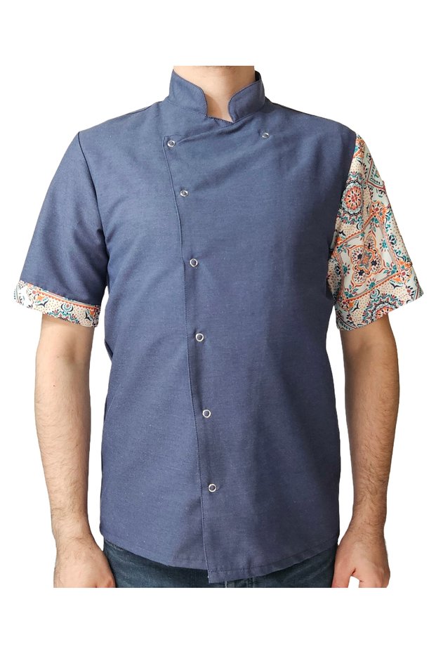Chef Jacket Patterned Unisex Snap Fastener Short Sleeve Summer Chef Cook Kitchen Jacket Authentic Patterned