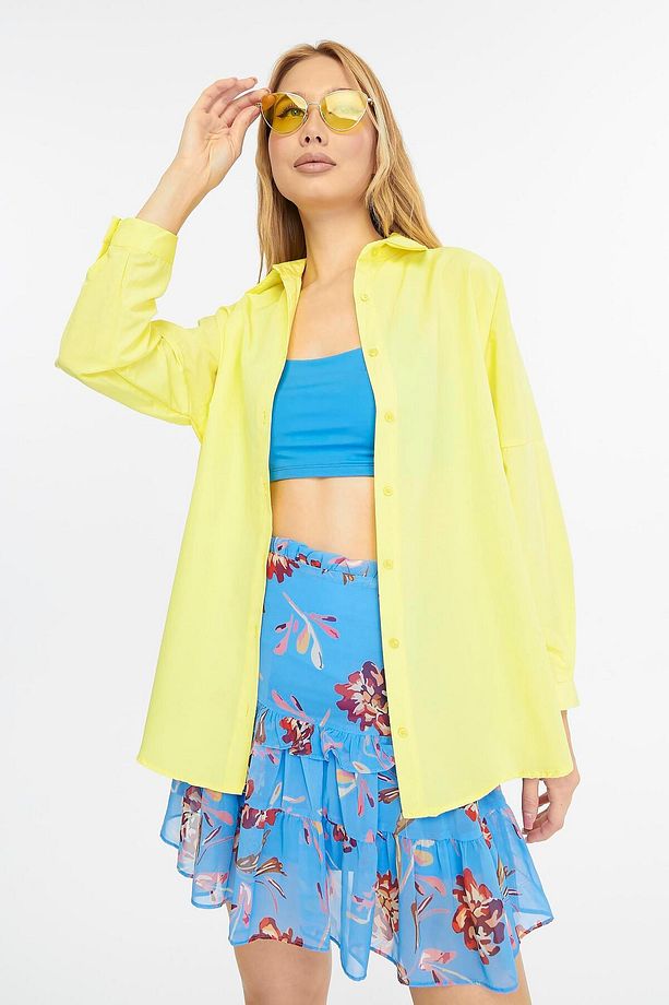 Kadın Oversize Uzun Basic Gömlek - SARI - 2