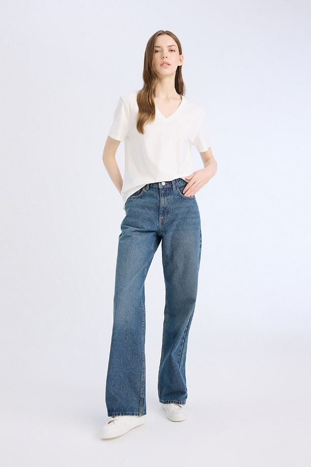 Straight Wide Yüksek Bel Geniş Paça Jean Kar Yıkamalı Pantolon D7975AX25SP - 4