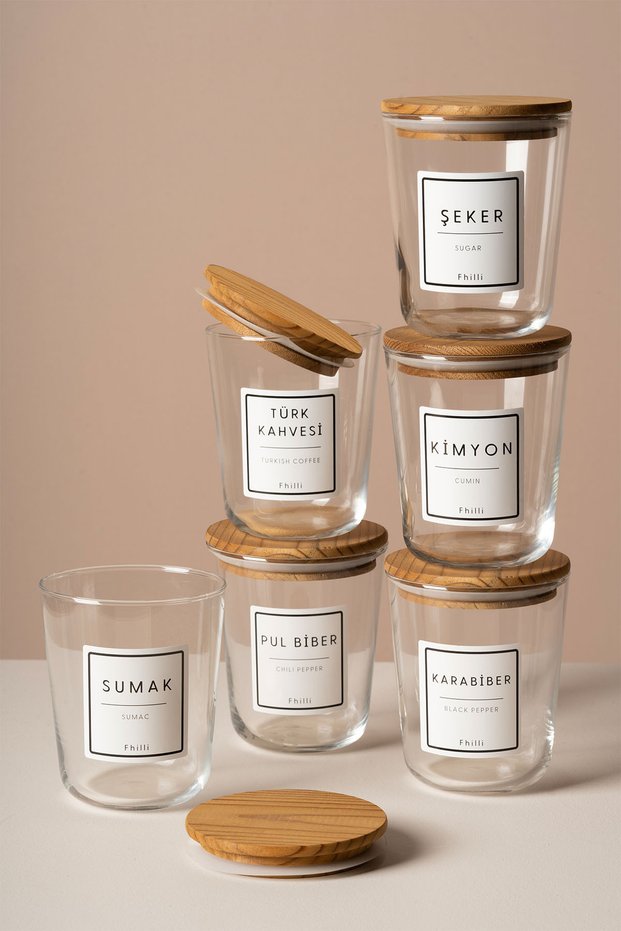 Motto - Set of 6 Pine Wood Vacuum Lid Glass Storage Containers Spice Rack Set with Labels and Gifts 315 ml