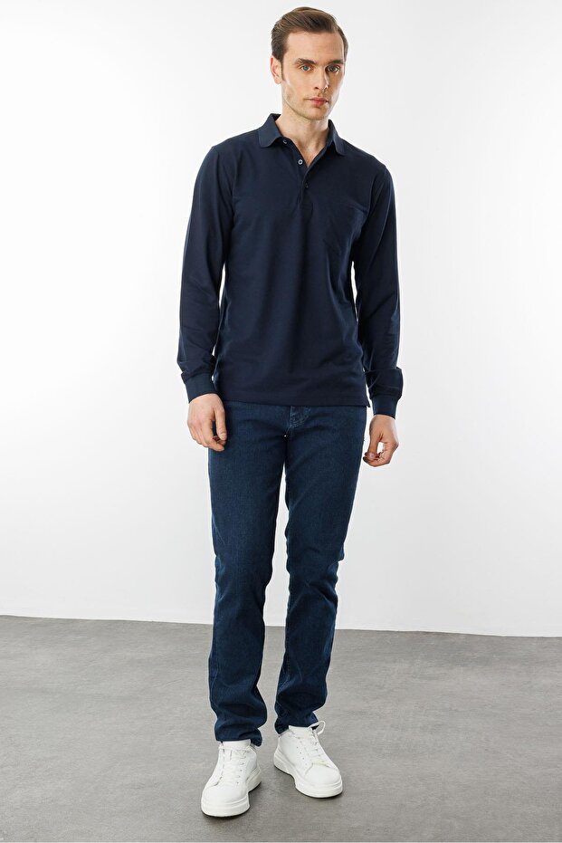Men's Polo Neck Pocket Long Sleeve Sweatshirt Navy Blue - 2