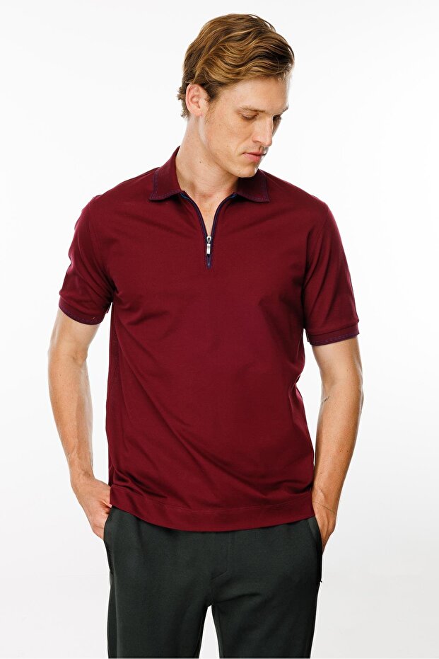 Men's Polo Collar Zippered T-Shirt Claret Red