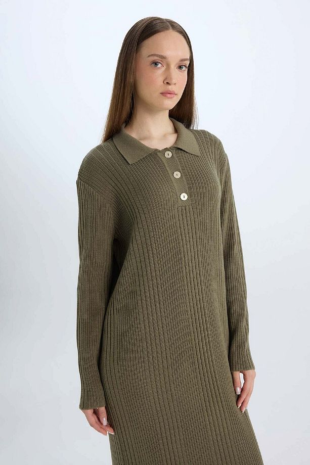 Regular Fit Polo Yaka Basic Düz Maxi Triko Elbise D5434AX24WN - 3