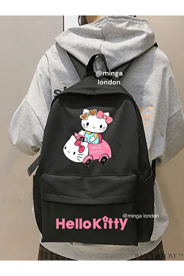 Hello Kitty Pink Car Double Printed School, Classroom, Course Backpack with Front Pocket