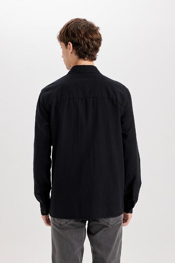 Regular Fit Pamuklu Basic Düz Keten Görünümlü Uzun Kollu Siyah Gömlek D7079ax24sp - 6