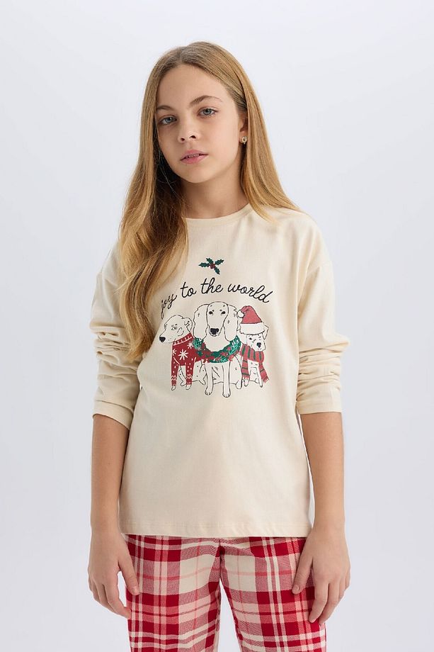 Kız Çocuk Yılbaşı Temalı Pijama Takımı Bisiklet Yaka Uzun Kollu Üst Beli Lastikli Alt D8790A824AU - 3