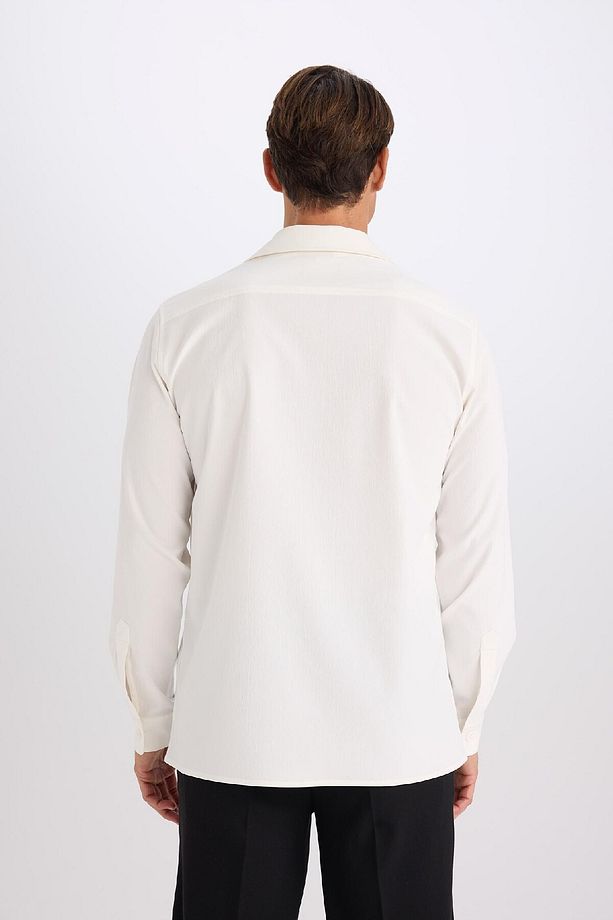 Regular Fit Polo Yaka Basic Düz Gofre Uzun Kollu Beyaz Gömlek D8713ax25sp - 8
