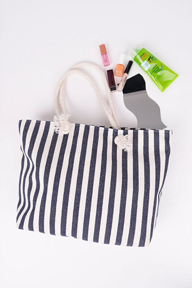 Striped Canvas Women's Beach Bag Shoulder Bag (Zippered)