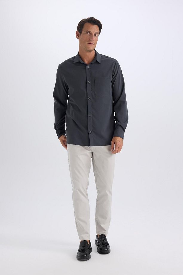 Regular Fit Polo Yaka Basic Düz Gofre Uzun Kollu Gömlek D8713ax25sp - 2