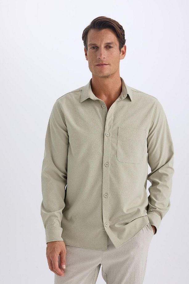 Regular Fit Polo Yaka Basic Düz Gofre Uzun Kollu Gömlek D8713ax25sp - 3