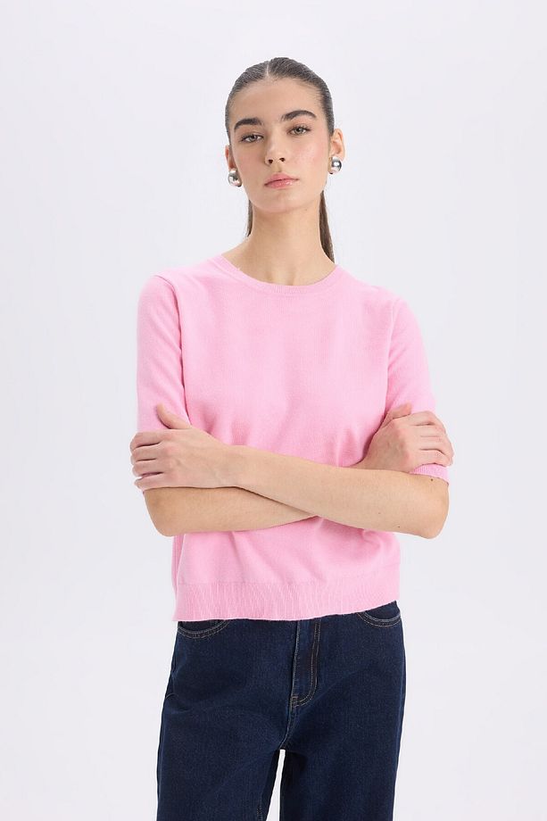 Regular Fit Bisiklet Yaka Basic Düz Kısa Kollu Triko Kazak D6272AX25SM - 5
