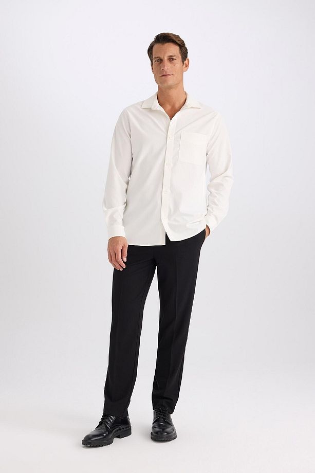 Regular Fit Polo Yaka Basic Düz Gofre Uzun Kollu Beyaz Gömlek D8713ax25sp - 4