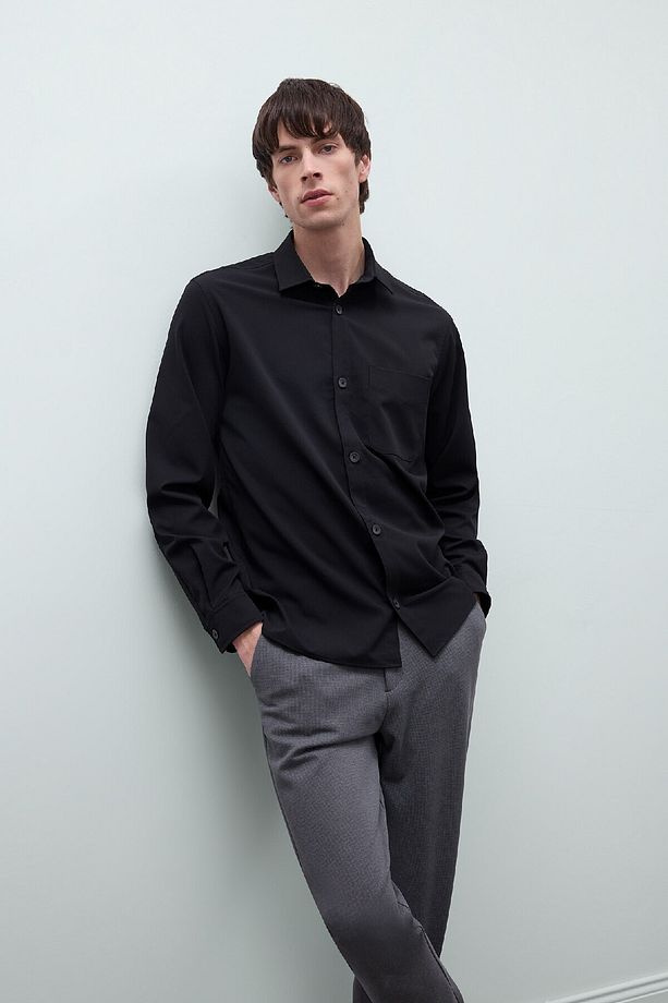 Regular Fit Polo Yaka Basic Düz Gofre Uzun Kollu Siyah Gömlek D8713ax25sp - 1