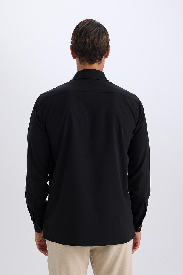 Regular Fit Polo Yaka Basic Düz Gofre Uzun Kollu Siyah Gömlek D8713ax25sp - 8