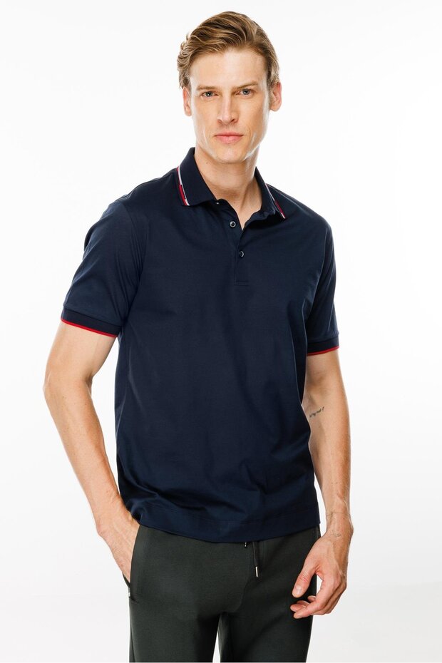 Men's Polo Collar Striped T-Shirt Navy Blue