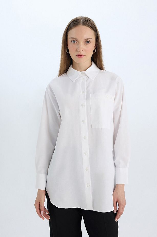 Relax Fit Poplin Basic Düz Beyaz Uzun Kollu Gömlek Tunik D7342ax25sp - 4