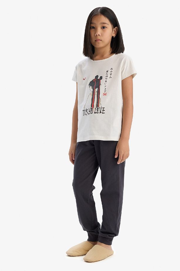 Kız Çocuk Pijama Takımı Baskılı Kısa Kollu Üst Esnek Belli Uzun Alt E0541a825sm - 2