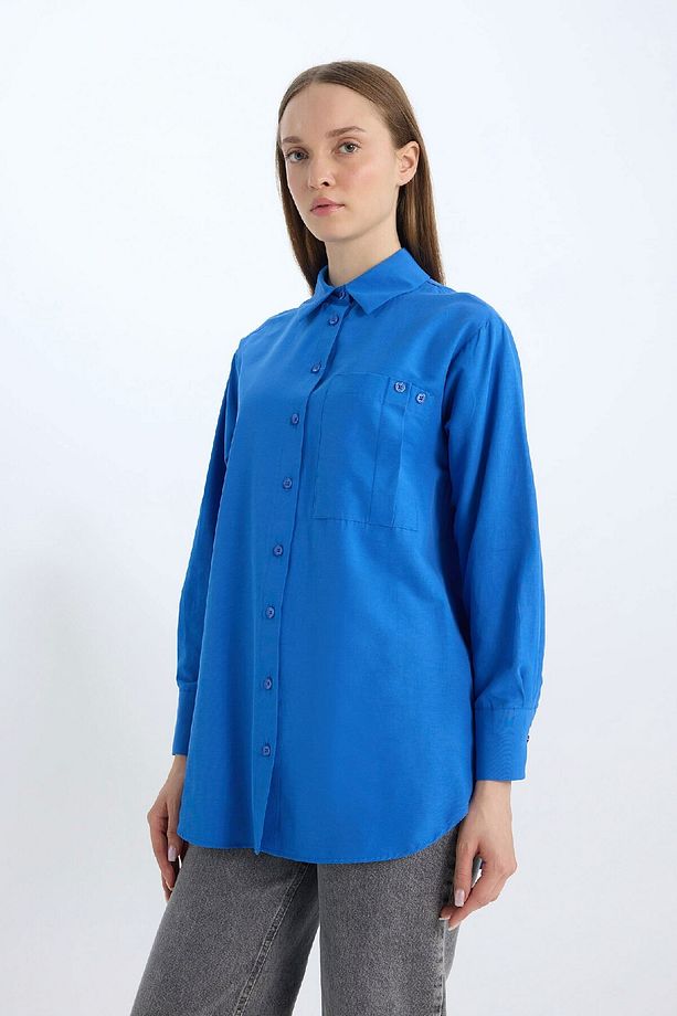 Relax Fit Poplin Basic Düz Uzun Kollu Gömlek Tunik D7342ax25sp - 3