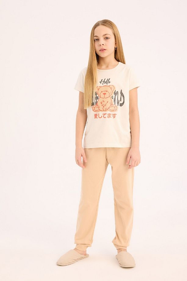 Kız Çocuk Pijama Takımı Baskılı Kısa Kollu Üst Beli Lastikli Uzun Alt E0543A825SM - 1