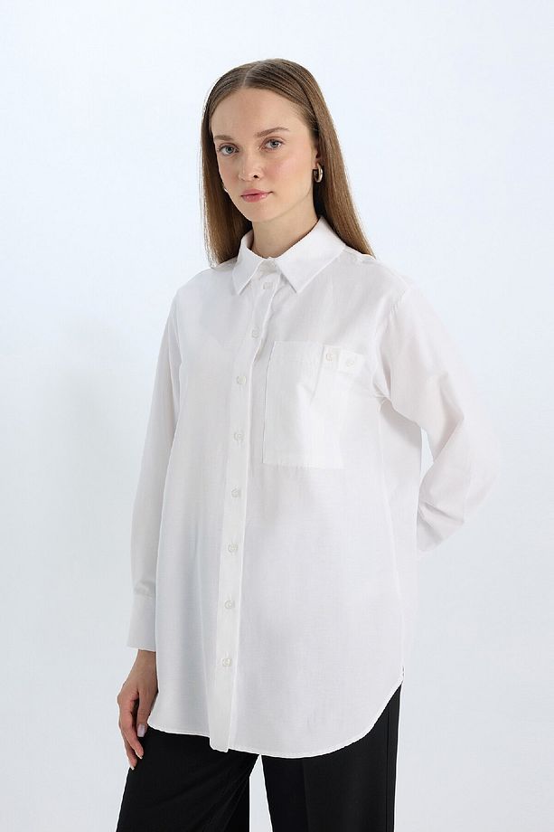Relax Fit Poplin Basic Düz Beyaz Uzun Kollu Gömlek Tunik D7342ax25sp - 3