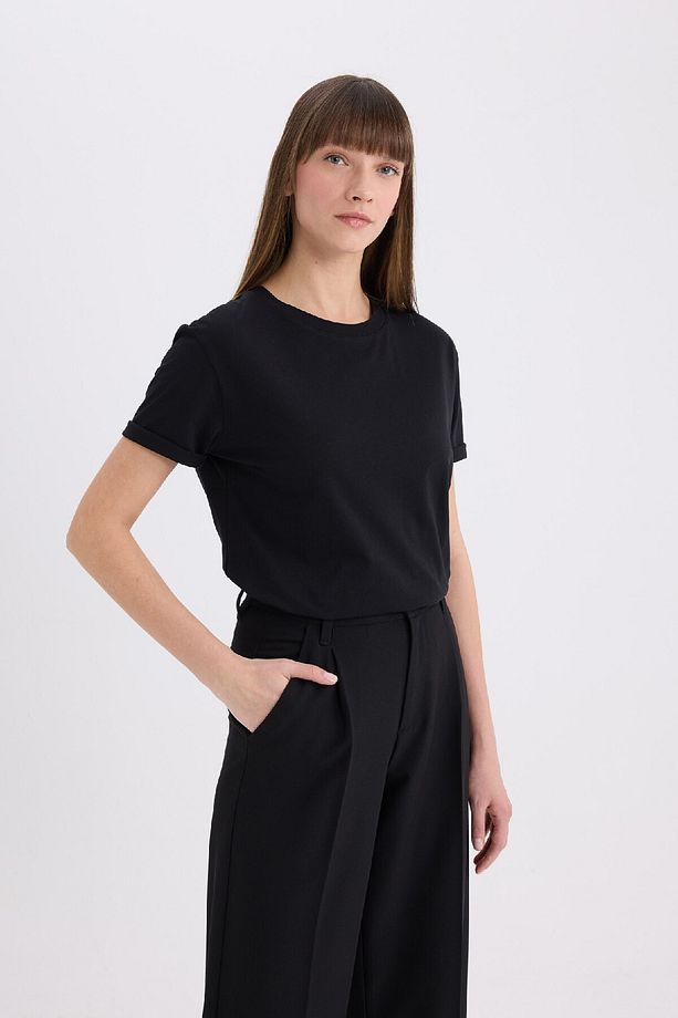 Regular Fit Bisiklet Yaka Basic Düz Penye Kısa Kollu Siyah Tişört W9584az25sp - 4