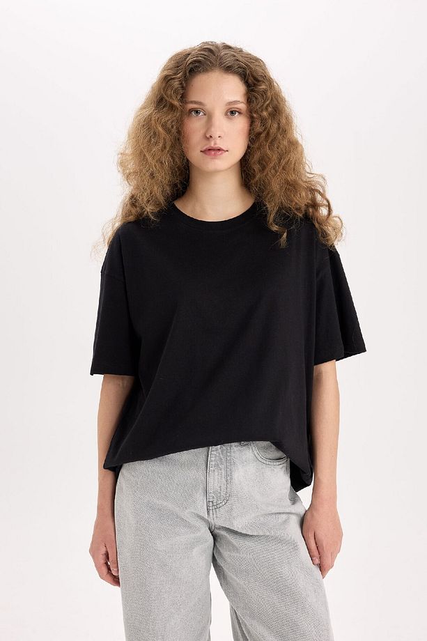 Oversize Geniş Kalıp Basic Düz Bisiklet Yaka Kısa Kollu Siyah Tişört V4136az25sm - 3