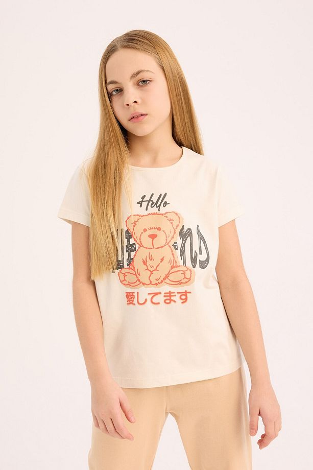 Kız Çocuk Pijama Takımı Baskılı Kısa Kollu Üst Beli Lastikli Uzun Alt E0543A825SM - 3