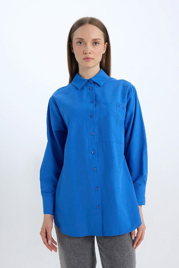Relax Fit Poplin Basic Düz Uzun Kollu Gömlek Tunik D7342ax25sp - 4